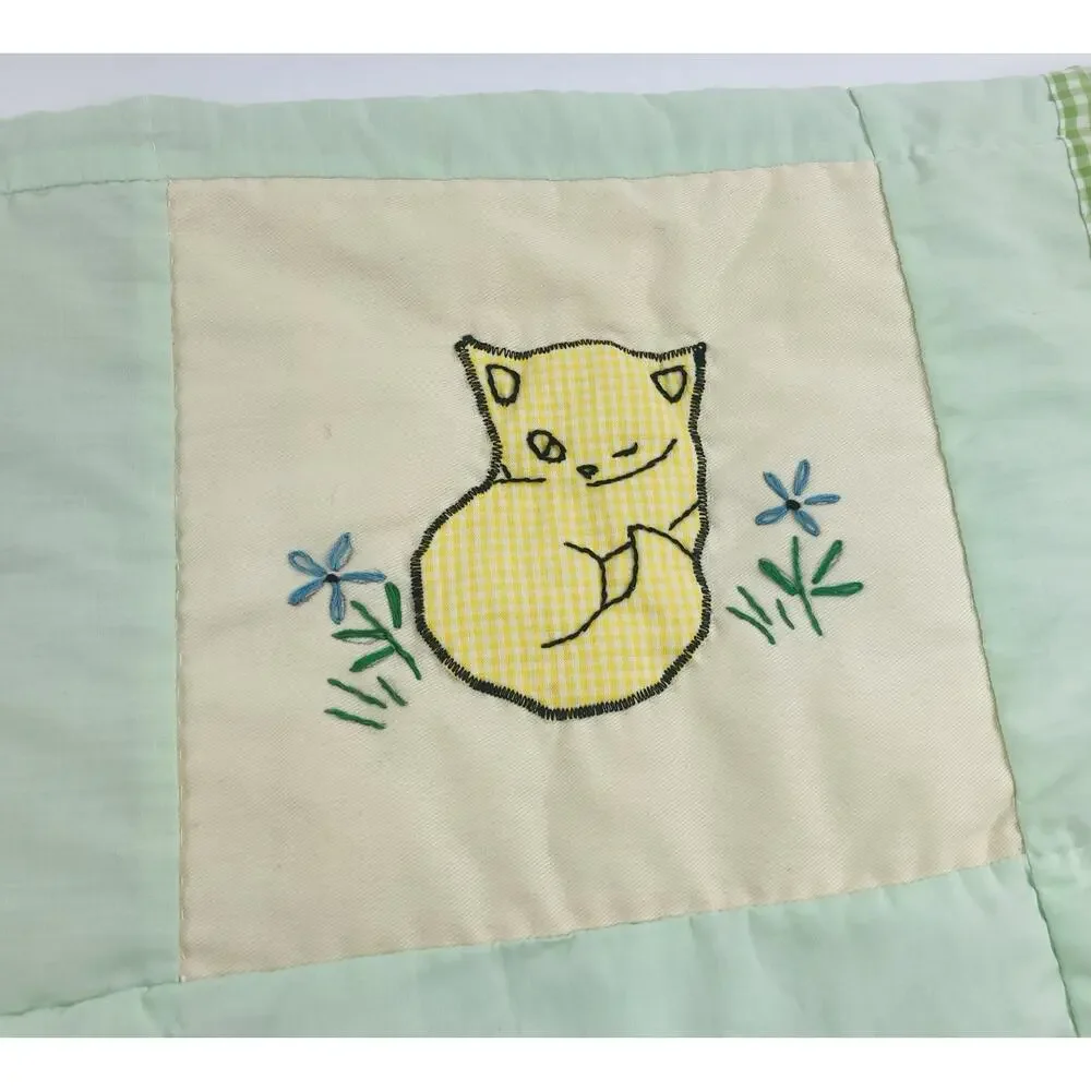 Vintage Hand Embroidered Applique Baby Quilt Blanket Wall Hanging Kitty Cat Lamb